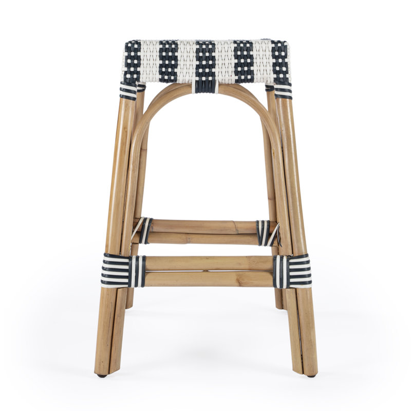 Robias Rattan Bar & Counter Stool, White/Navy Stripe/ Natural Rattan Frame, Counter Stool (24.5" Seat Height)