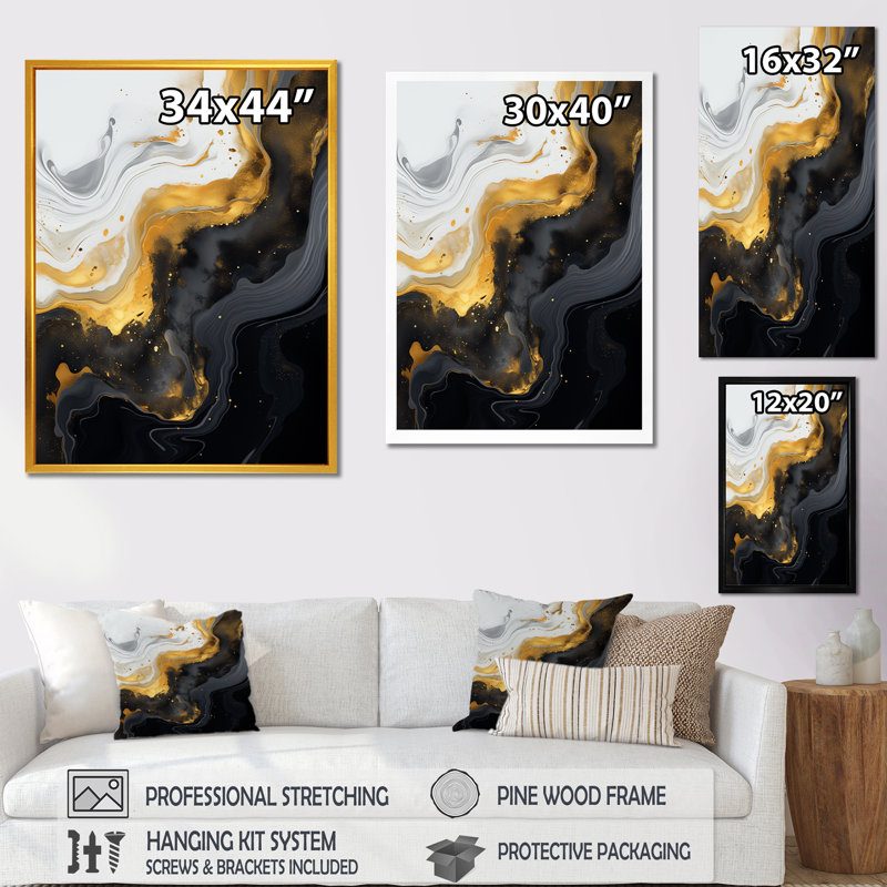 Or et marbre noir Essence III - décoration murale en marbre, Cadre doré simple, H 40 po x l 30 po x P 1,5 po