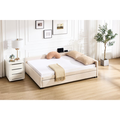 Lit de jour à structure en losange avec lit gigogne, style moderne, pour chambre et chambre d'amis, facile à assembler, revêtement en velours beige, gain de place en angle, construction
