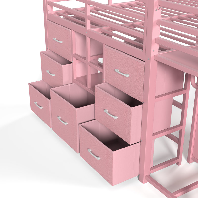 Lit mezzanine Blossom en métal pour enfants (taille standard) avec glissade, échelle et tiroirs de rangement, Pink