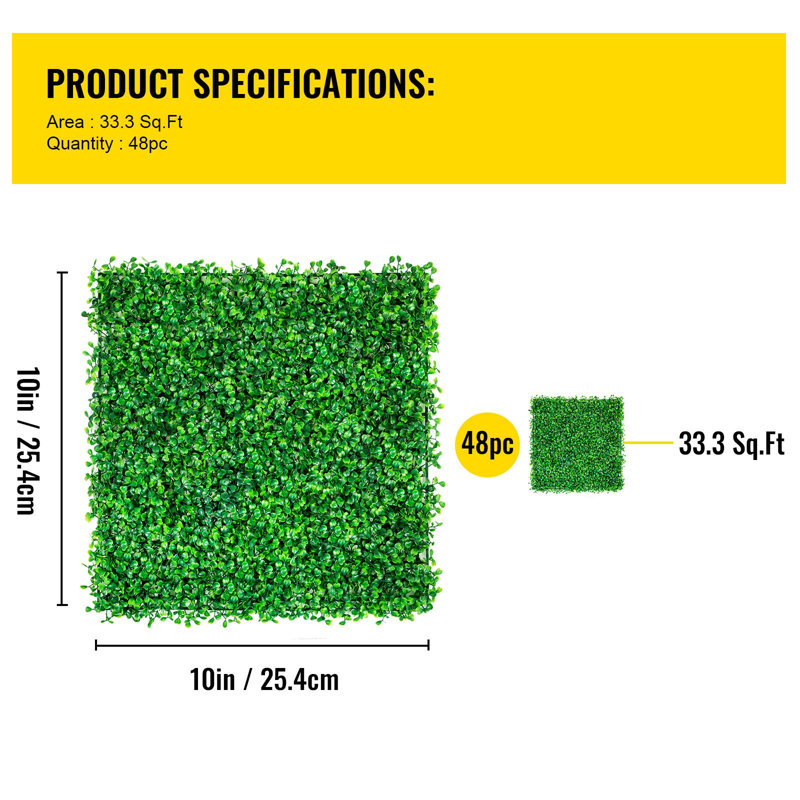 Artificial Boxwood Hedge Wall Panel - 10" x 10", PE/Plastic, 48 Pack, Green, UV Resistant