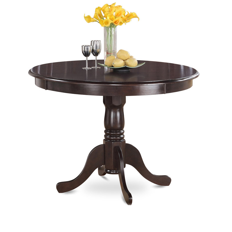 3 Piece Dining Set Contains a Round Kitchen Table with Pedestal and 2 Blue Color Linen Fabric Upholstered Parson Chairs, Cappuccino