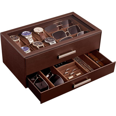 Watch Case, Mens Jewelry Box for 6 Watch & 5 Sunglasses -Espresso