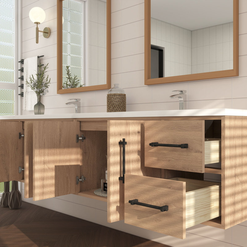 Meuble-lavabo mural 84 po avec double évier en acrylique renforcé Victoria, Chêne rouge