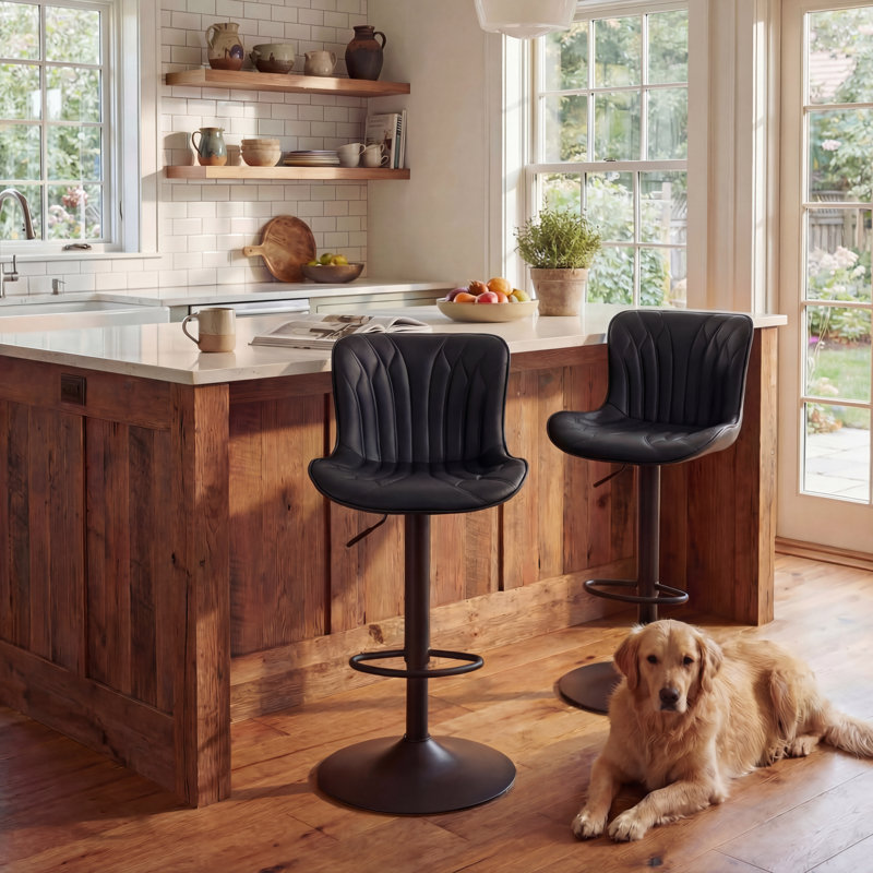 Denan Swivel Adjustable Height Bar Stool (Set of 2), Black