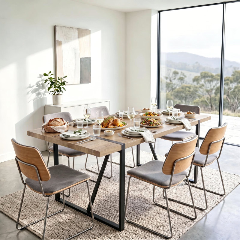 55 Inch Modern Industrial Rectangular Dining Table With Black Metal Legs, Natural Wood