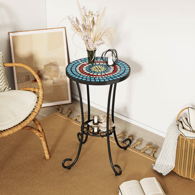 Table d'appoint de patio avec tablette, carreaux de céramique bleue et noire, structure en fer, diamètre de 14 po, hauteur de 22,12 po, tablette facile à assembler en bleu et noir, surface, base, 14 po x 14 po x 22,12 po, finition