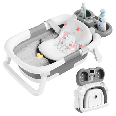 AWW Foldable Baby Bathtub for Infants 0-36 Months, 2-Inch Compact Folding Tub with Temperature Sensor, Soft Support Cushion and Drain Hole，Gray