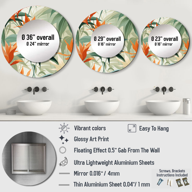Motif tropical de mirage vert et orange en bambou - miroir unique tropical, grand miroir mural rond tropical, impression d'art en métal
