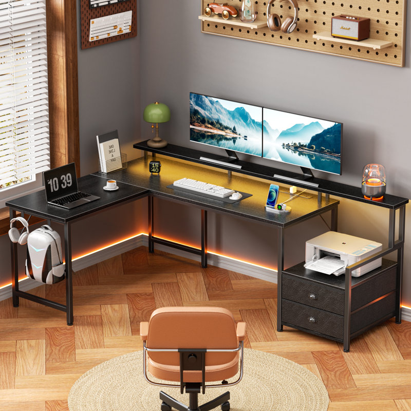 Bureau de jeu en L 66 po avec lumières DEL et prises de courant, bureau d'ordinateur avec tiroirs et support pour imprimante