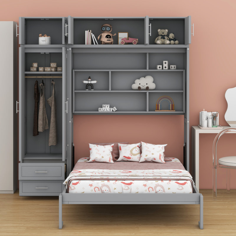 Lit escamotable mural avec armoire supérieure, tablettes et garde-robe, lit pliable peu encombrant, Gris