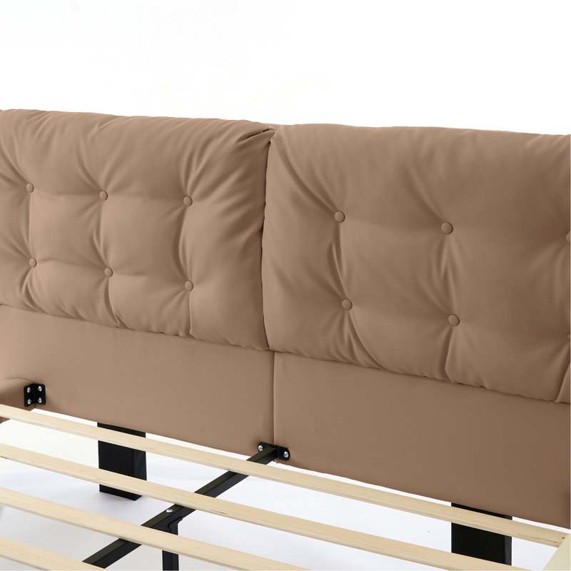 Cadre de lit flottant pour grand lit tapissier, lit plateforme en cuir PU kaki, stable et confortable, utilisation silencieuse, cadre à distance de six lumières à DEL avec tête de lit, tête de lit, sans sommier,