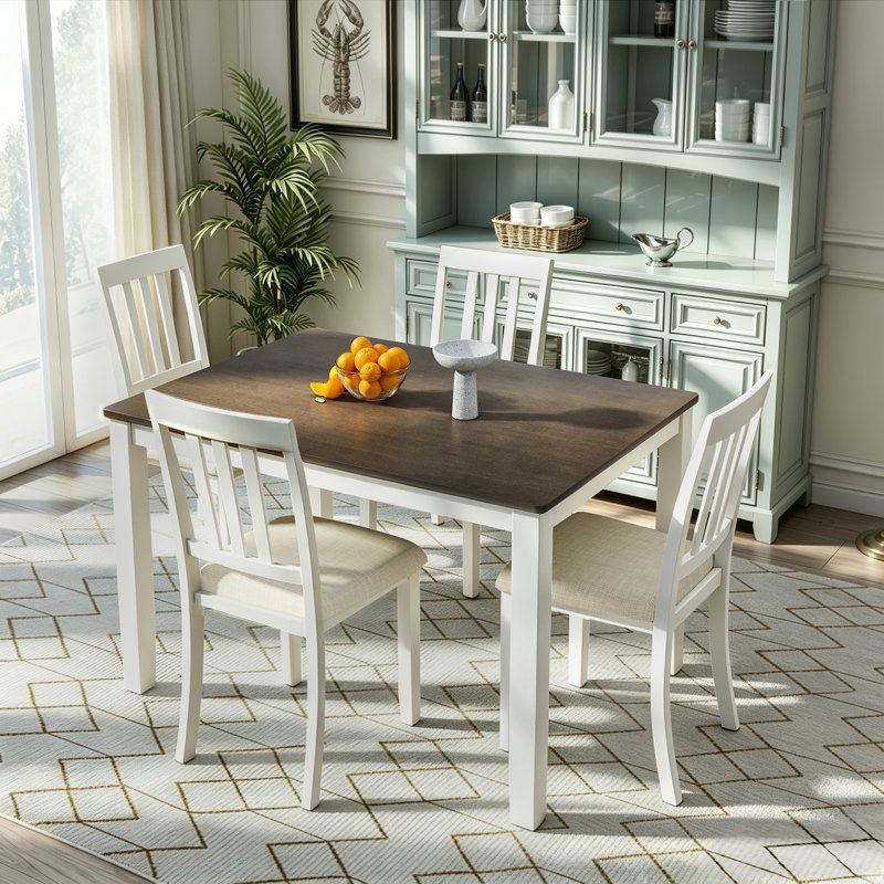 5-piece 48" Rectangular Dining Table Set, 5-Piece Set, White/Beige