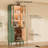  71" W Modular Library Bookcase with Glass Doors, Integrated LED Lighting, Brass-Colored Hardware & Genuine Leather Loop Pulls, Large Sage Green Wall Unit with Drawers and Storage Cabinets-1309100079-1309100076