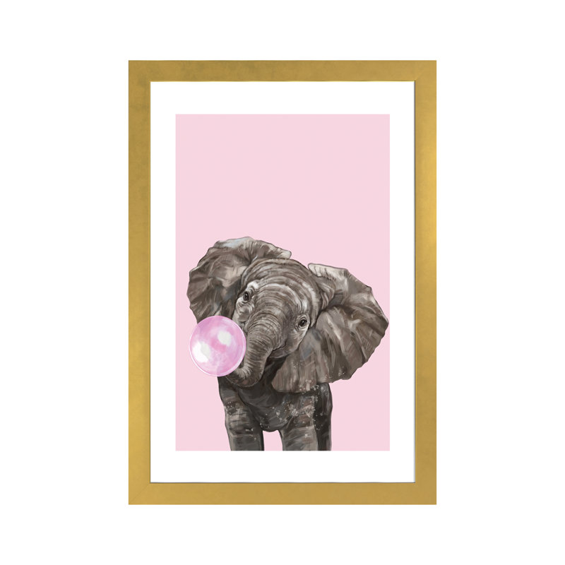 Art d’éléphant de gomme à bulles, H 24 po x l 16 po x P 1 po, Papier encadré doré
