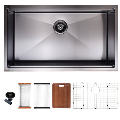 Évier de cuisine encastrable noir 32 po, chauffant et teint, poste de travail avec grille de fond pour planche à découper, revêtement de condensation, rainure en X pour drainage 32 po de largeur, acier inoxydable l 19 po, cuves profondes, bruit
