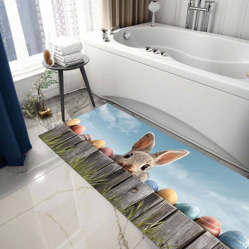 Laundry Room Rug 18X47 Inch – Cute Rabbit Peeking Fence With Colorful Easter Eggs Non Slip Runner Mat For Laundry Room, Kitchen, Entryway And Hallway Decor