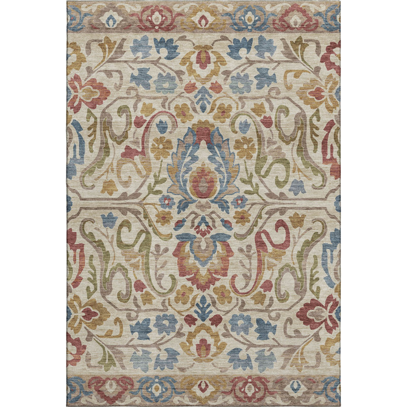 Tapis floral Premium Mayfield AMF2193 lavable à la machine, Beige, 9 pi x 12 pi