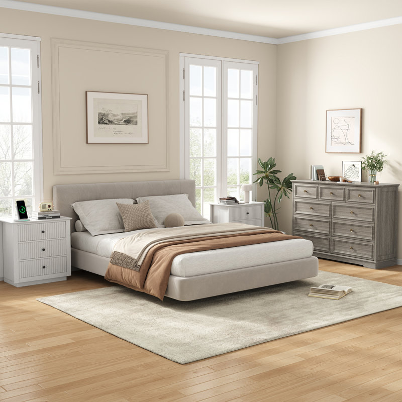Ensemble de rangement vintage 3 pièces pour chambre à coucher comprenant une commode haute à 9 tiroirs et 2 tables de chevet