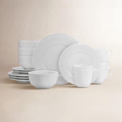 Fitz And Floyd Everyday White Beaded 16-piece Porcelain Dinnerware Set, Service For 4
