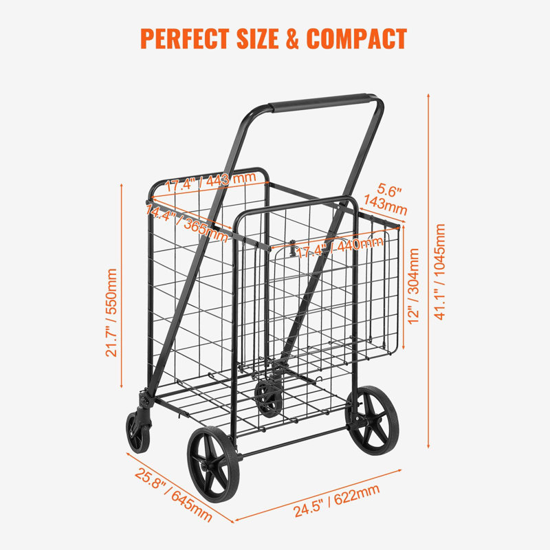 Chariot pliant en métal noir - Conception à panier double pour le rangement et le transport