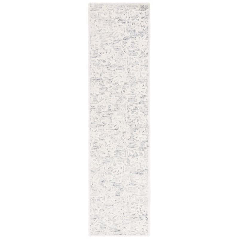 Tapis floral gris / ivoire en laine touffeté à la main Abdouallah, Tapis de couloir 2 pi 3 po x 9 pi