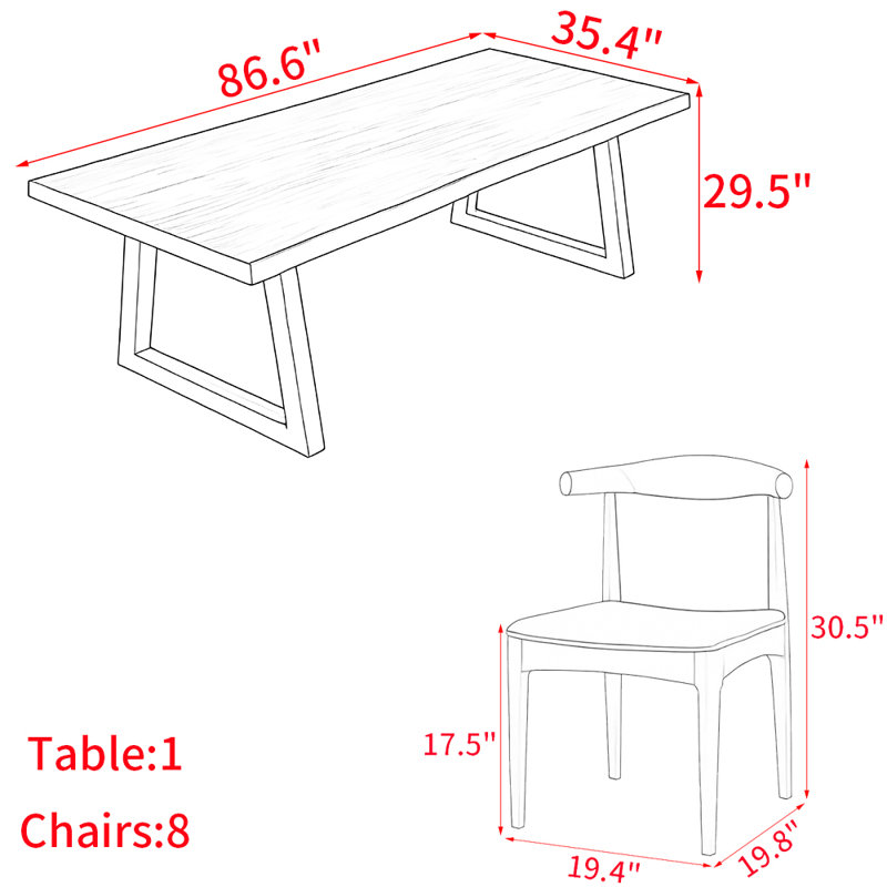 Ensemble de table de salle à manger en bois massif de style américain, H 29,5 po x L 86,6 po x l 35,4 po