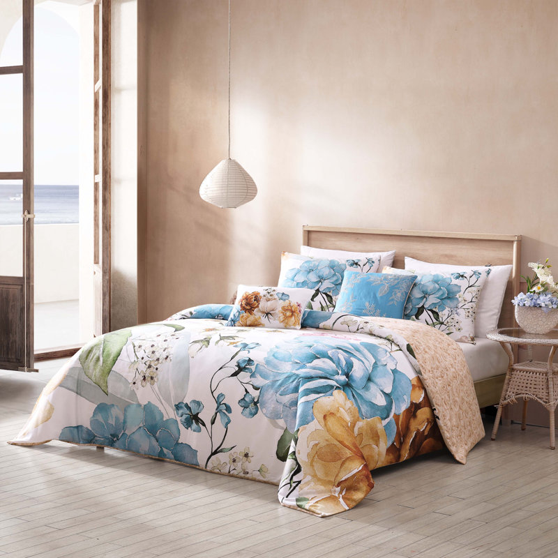 Maia King Blue Cotton Floral Reversible Comforter Set
