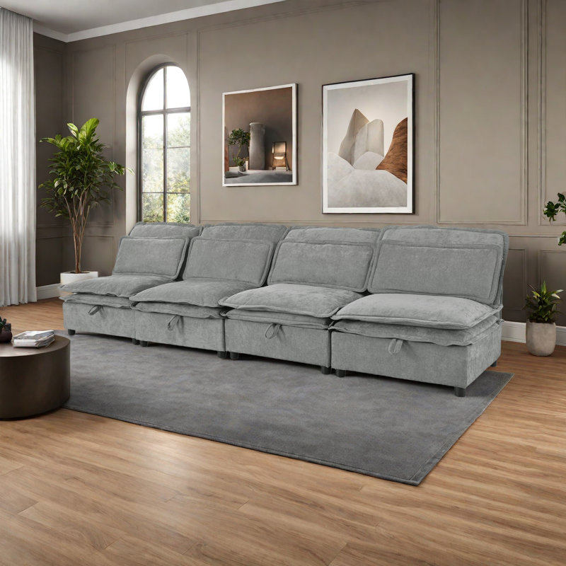 Canapé modulaire à deux couches, librement combinable, 4 places avec rangement, comprenant 4 coussins moelleux, parfait pour les salons, les bureaux et les appartements