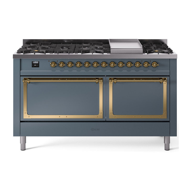 ILVE Nostalgie II Noblesse 60 po à deux brûleurs, 9 brûleurs, plaque chauffante, Gris-bleu / laiton, Propane liquide