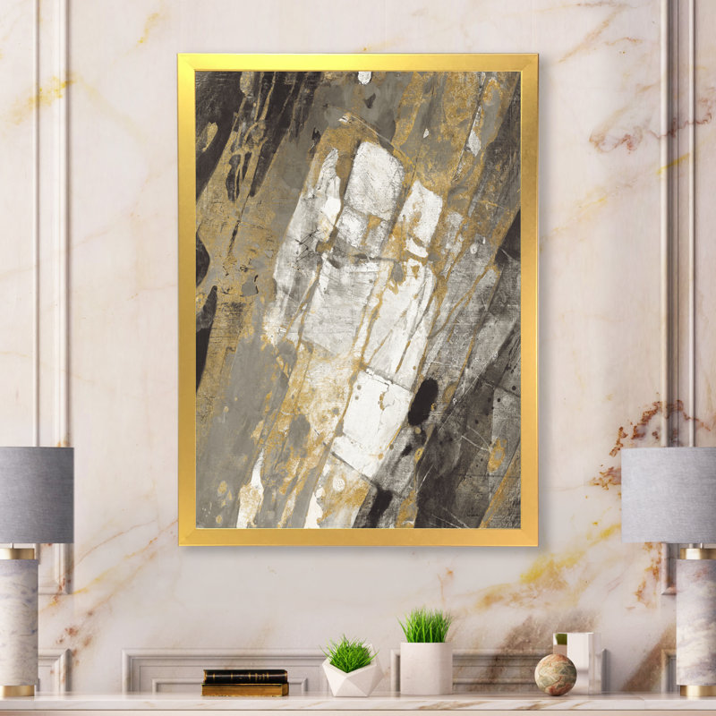 «Gold, Black and White Handpainted Abstract», reproduction sur toile encadrée, H 40 po x l 30 po x P 1,5 po, Cadre doré