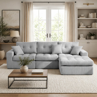 Canapé-lit à compression en coin Corduroy, canapé modulaire en L avec éponge haute densité, canapé convertible sans assemblage requis pour le salon, appartement, chambre d'amis (gris clair)