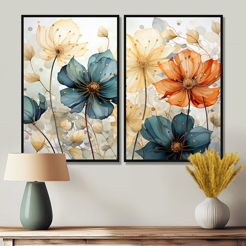 Mosaïque de pétales orange sarcelle I - art mural moderne 2 pièces, 36" H x 48" W, Reproduction encadrée sans passe-partout