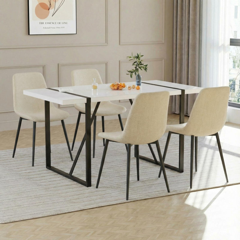 4-Piece Linen Upholstered Dining Chair Set with High Back & Metal Frame, Beige, Black