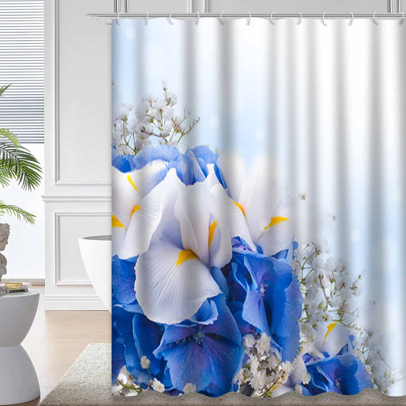 Rideau de douche hortensias bleus et fleurs avec 12 crochets, L 72 po x l 72 po