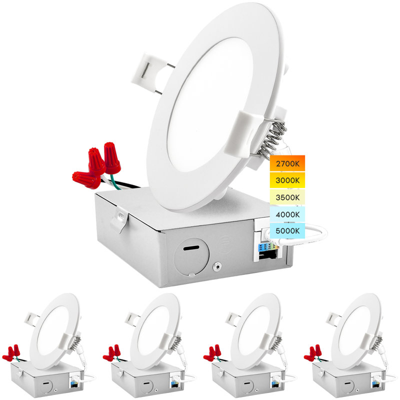 Luminaire encastré à DEL ultra mince 4 pouces Luxrite avec J-Box 10W CCT couleur sélectionnable à intensité variable 750 lumens ETL et homologué Energy Star IC