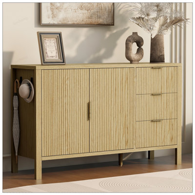 Buffet moderne à motif de vagues avec 3 tiroirs, grande armoire de rangement avec crochets et pieds centraux supplémentaires, idéal pour les espaces de vie organisés
