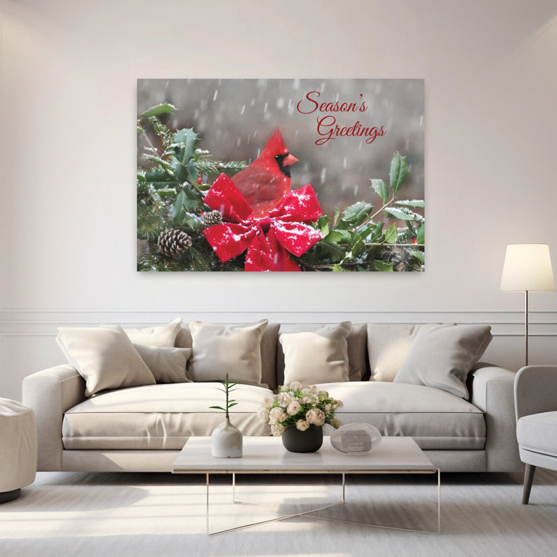 «Season's Greetings», cardinal, art contemporain d'hiver, H 40 po x l 60 po