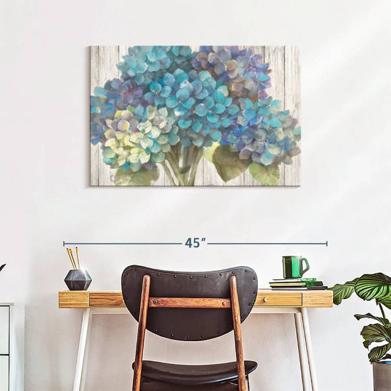 Harnek Turquoise Hydrangea On Barn Board, 24" H x 36" W