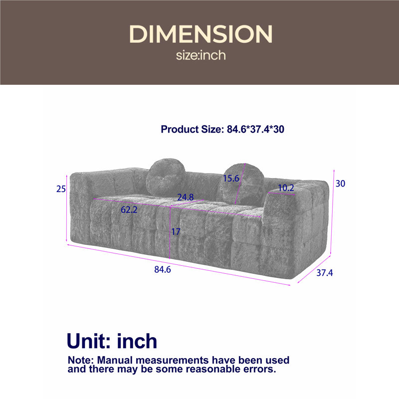 Canapé moderne de 84,6 pouces sans os avec deux coussins décoratifs circulaires, tissu en polyester à poils longs texturé litchi doux pour la peau et canapé en mousse à carreaux à trois places