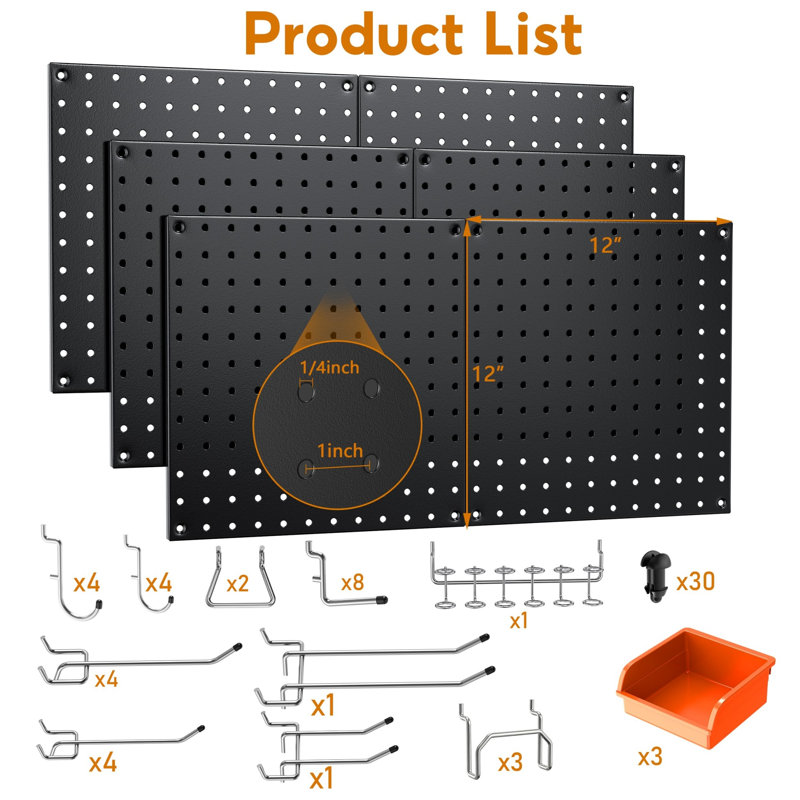 70-Piece Heavy-Duty Metal Pegboard Set, 6 Black Pegboard Panels, Total 24” x 36”, 50lbs Load Each Panel, Pegboard Wall Organiser with Hooks for Garage, Workshop & Craft Rooms