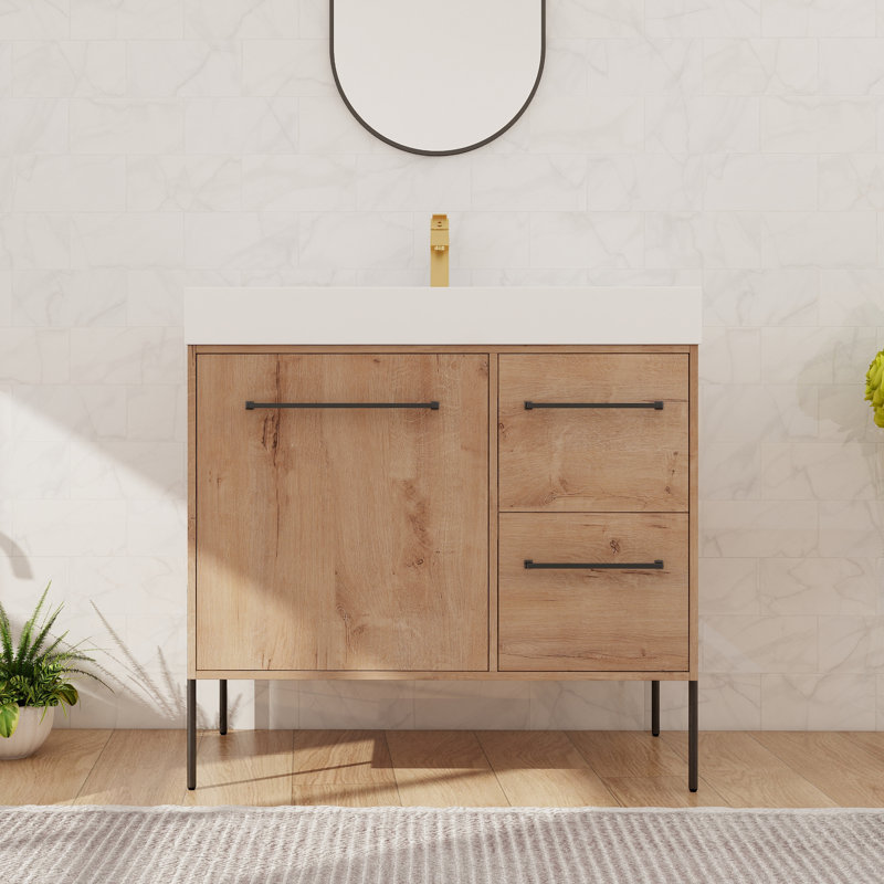 36" Single Freestanding Bathroom Vanity with Resin Basin Sink Top, Floor Standing Bathroom Vanity with 2 Drawers, 1 Door and 1 Adjustable Shelf