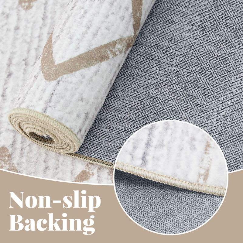 Geometric Non-Slip Machine Washable Taupe Runner Rug, Runner 2' x 6'