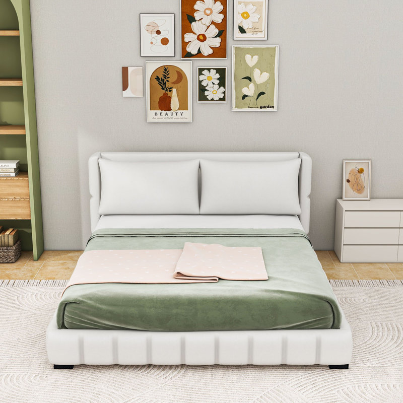 Lit plateforme tapissier avec coussins, Blanc, Très grand lit