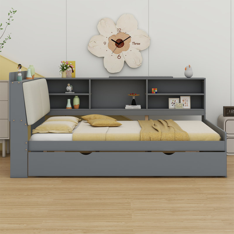 Lit plateforme avec lit gigogne, tablettes et tête de lit, Gris, Double