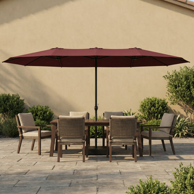 15' X 9' Double-Sided Patio Umbrella With Base, Optional Led Lights, Outdoor Market Umbrella With Sand Bags And Cover Included