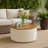 Jena Storage Ottoman, 30 Inch Round Lift Tray Top, Ivory Pinstripes