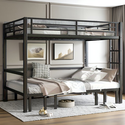 Queen Over Queen Metal Bunk Bed With Pull-out Lower Bed | Convertible 3-section Design For U-shaped Sofa & Extra Space | Safety Guardrails & Noise-reduction, Black