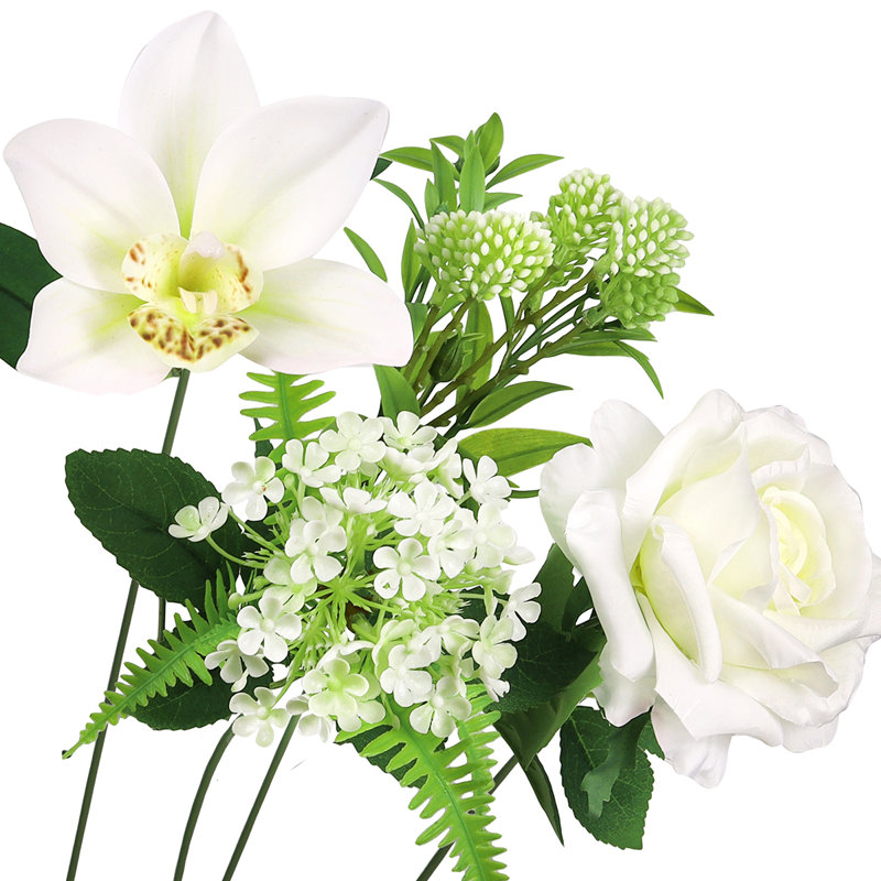 Artificial Mixed Rose Orchid Snowball Arrangement, Cream White