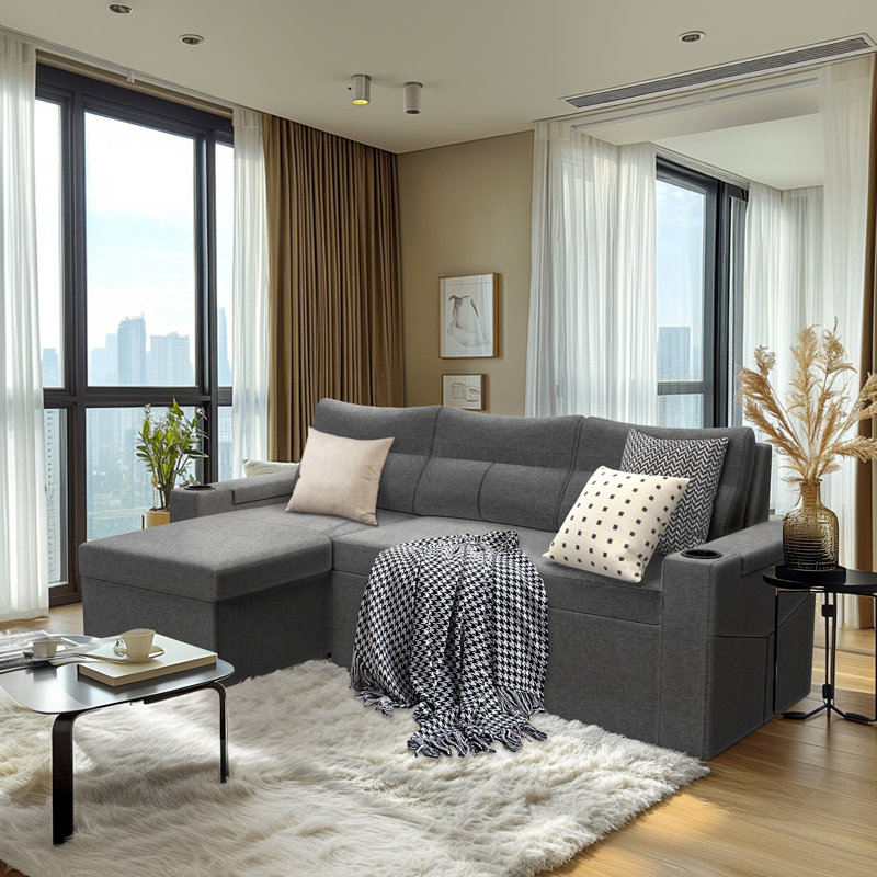 Canapé-lit en L 81 po avec lit escamotable et rangement avec accoudoirs, Gris